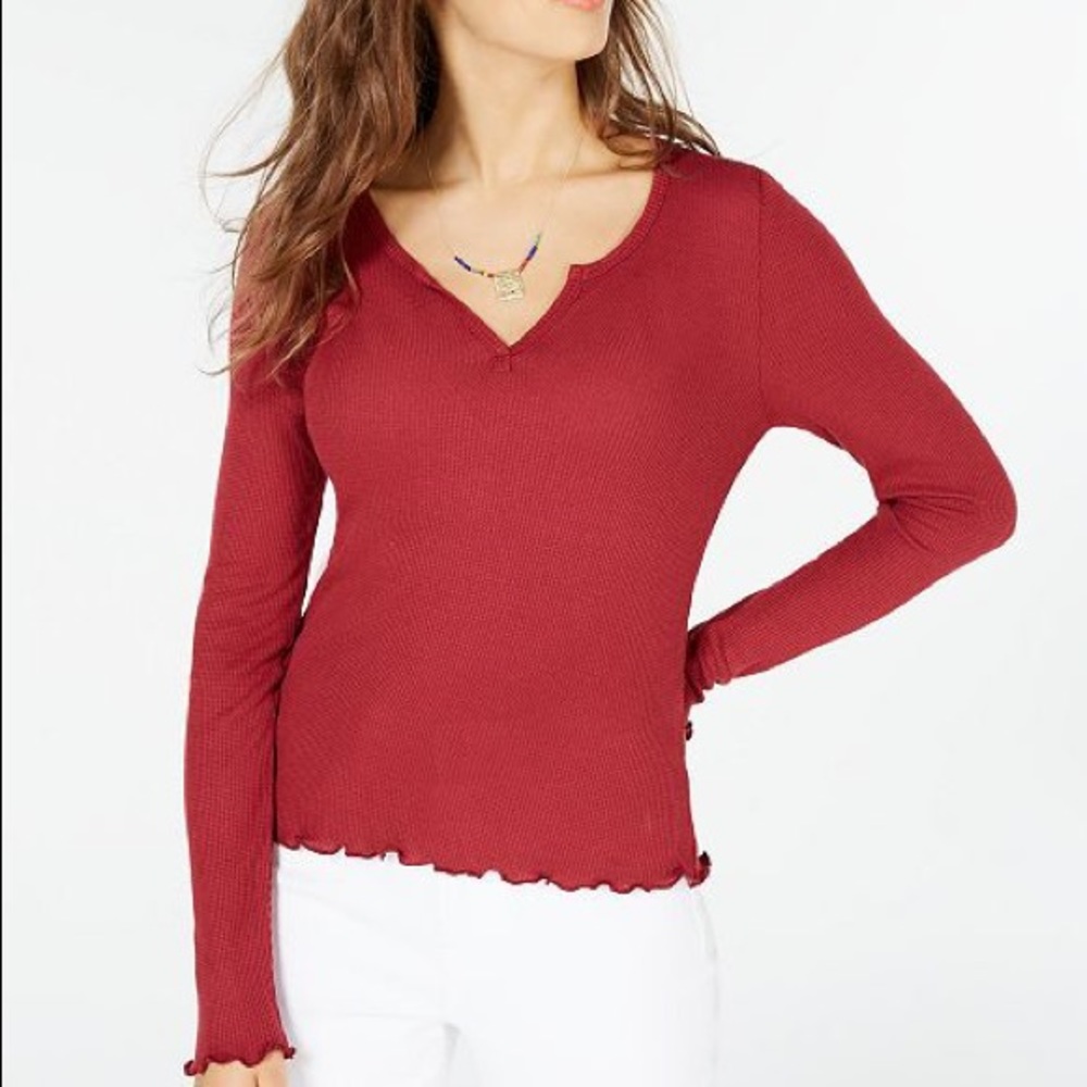 Waffle knit black lettuce edged top